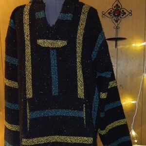 Black Baja-Style Hoodie Sweater with Teal and Yellow Stripes